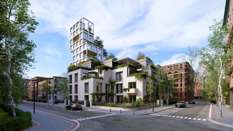 Render residencial urbano con luz natural y vegetación realizado con Lumion Pro